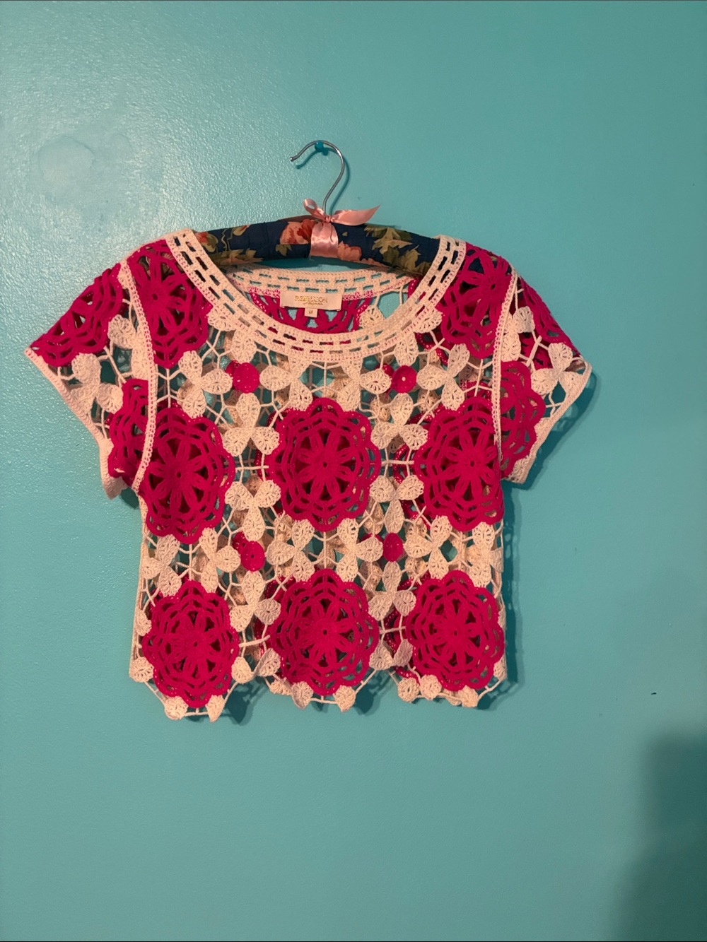 Crochet Floral Crop Top in Hot Pink & Cream